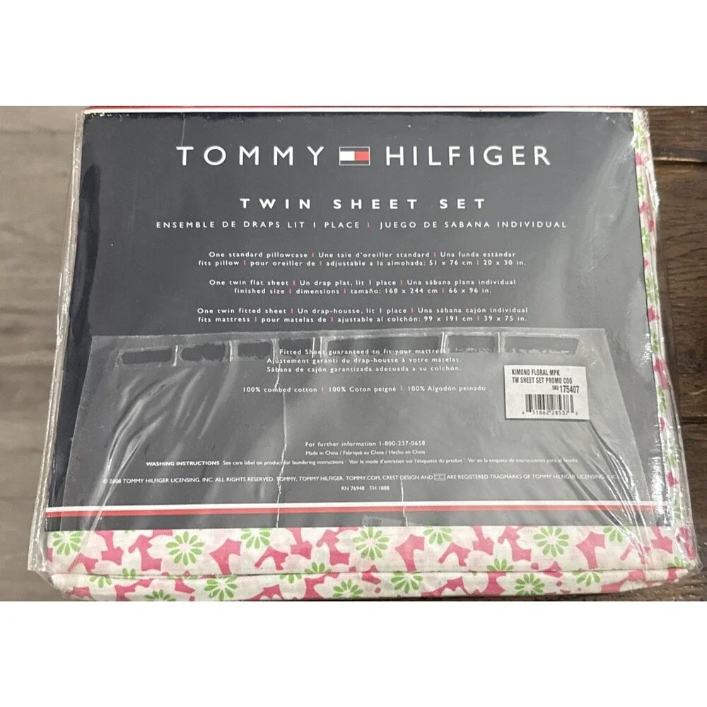 Tommy Hilfiger Twin Sheet Set 200 TC Kimono Floral Pink White Green Flowers New